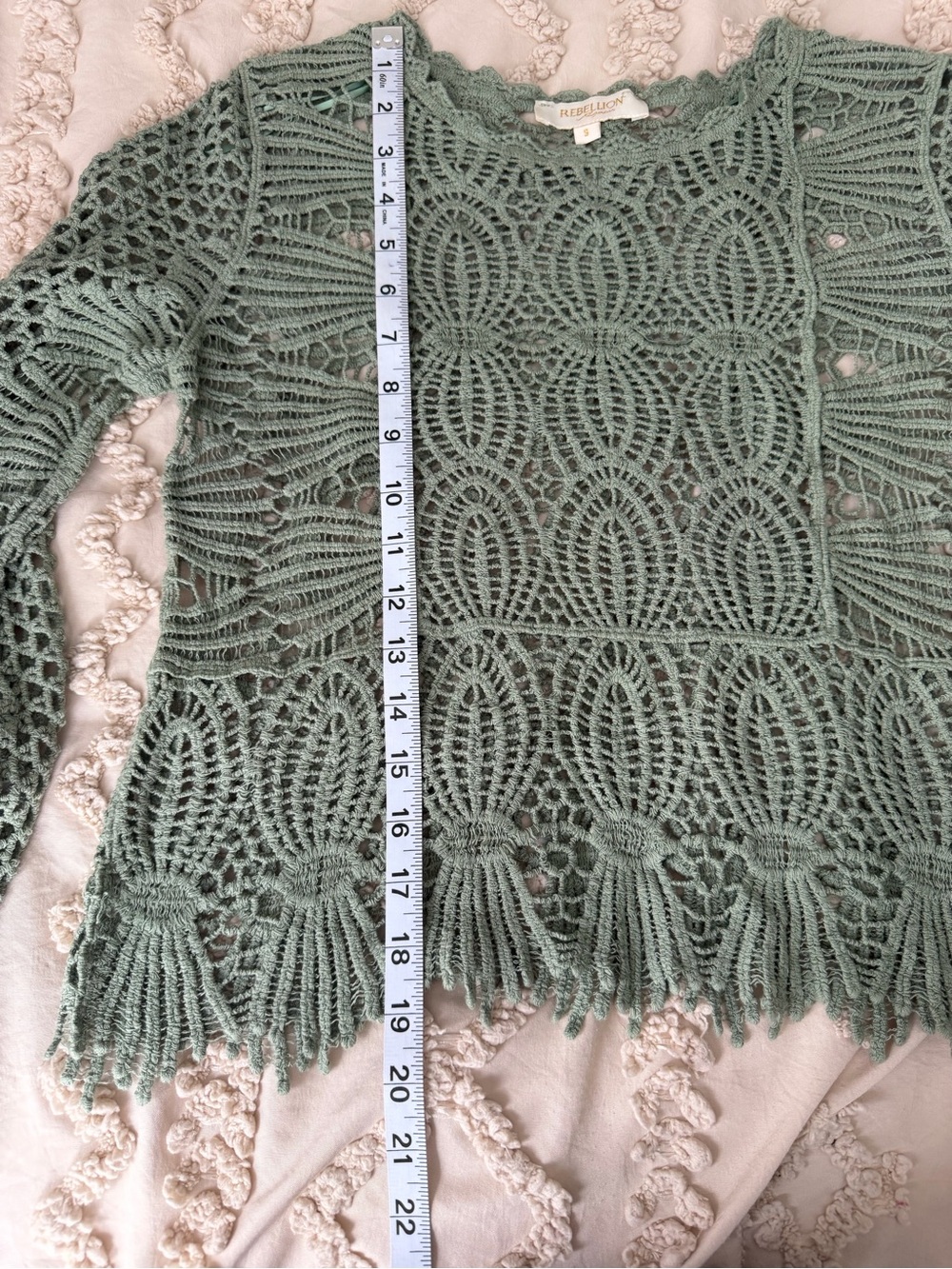 Rebellion Again Sage Green Crochet Lace Boho Top Size Small Festival Cottage - Picture 5 of 5